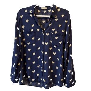 Just Living Linen Blend Blue Cream Heart Button Down Blouse Womens M Boho Modern